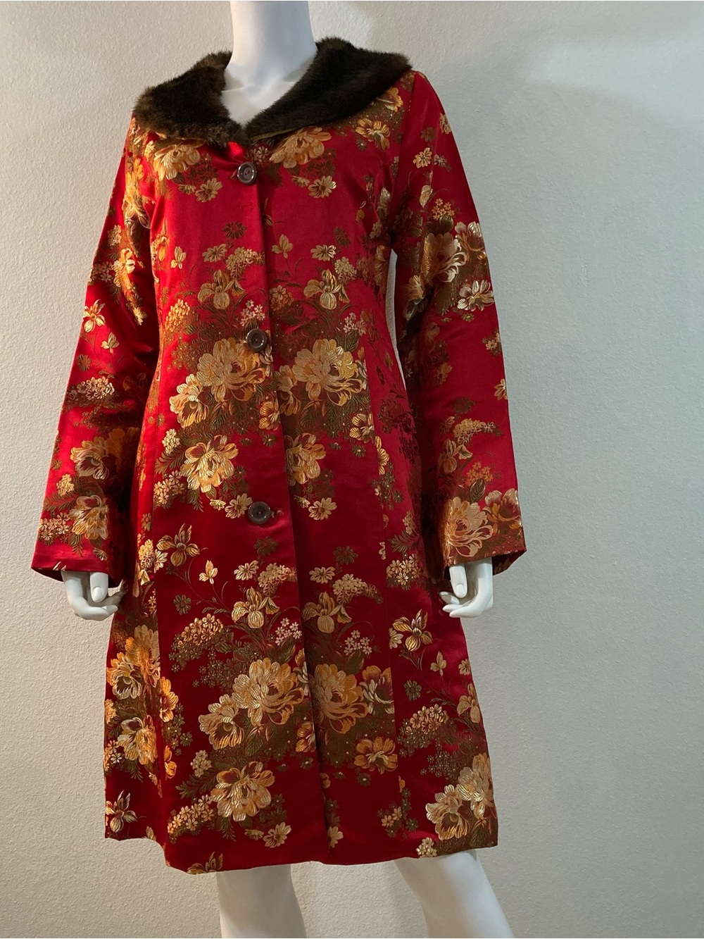 Y2K Kaya Fur Collar Red Silk Blend Floral Print Jacket